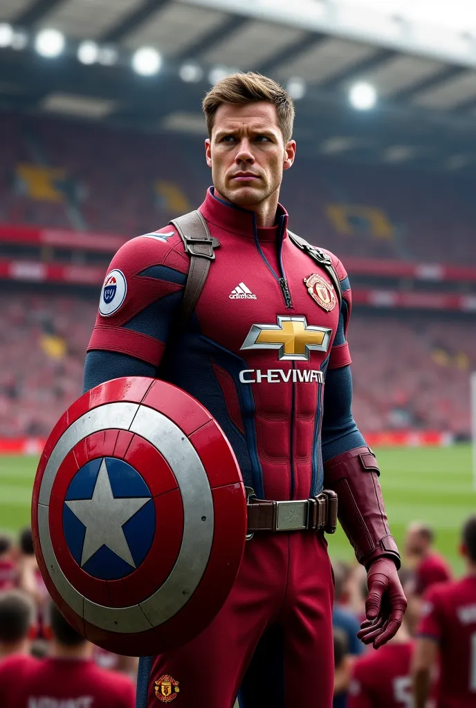 A stunning and realistic digital artwork of Captain America, but his suit is now Manchester United’s 2024-25 official jersey. The suit is deep red, featuring the TeamViewer sponsor logo and the Manchester United club crest. His shield is customized with re...