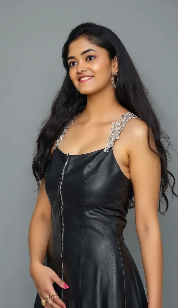 She is wearing a sleek leather dress with a central zipper that hugs her body, emphasizing her curves and straining against her large, prominent chest."(unzip dress boobs pop-up:1.7), unzip the dress show boobs 