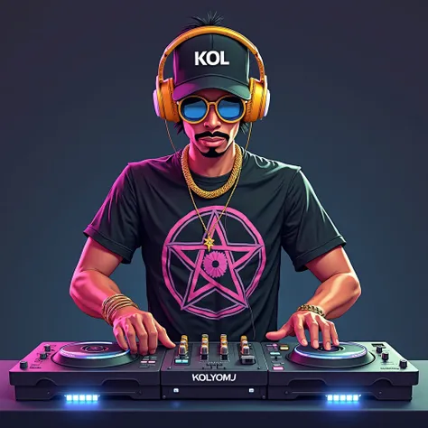 3D illustration of Prince, wearing a black T-shirt with a graphic of a DJ mixer on the front, with the "KOL-YOM" logo prominently displayed. The DJ wears a black baseball cap with "KOL" printed on it, large, colorful sunglasses, and gold-colored headphones...