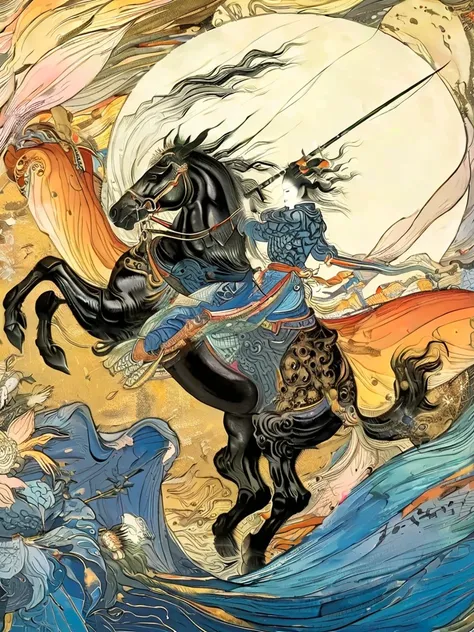  ukiyo-e、Hi-Res, Best Quality, high detail, high definition model, Ultra High Definition, Straddling a black horse、long hair, Bata Tsuiwa、Japanese knife was created by Erunai、Daochukuhakama、Slaying Tatsu expression、