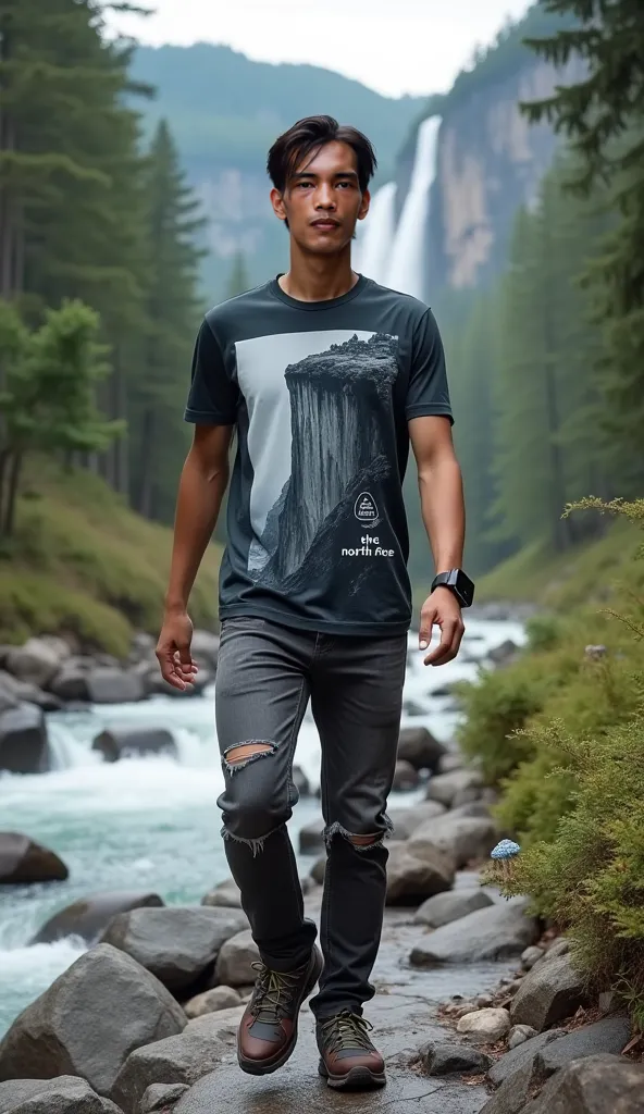 full-length photo of a handsome young Asian man aged 29 with a tan skin tone, facial details, skin texture, and straight hair styled with a side parting. Wearing a short-sleeved shirt with an aesthetic high cliff image in a misty dark gray color with the w...