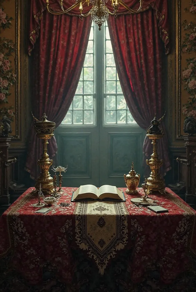 "A luxuriously decorated room with religious objects and golden ornaments. A dark and oppressive atmosphere reigns, the thick curtains filtering the light. On a table, an open Bible and mysterious objects. The atmosphere is both sacred and disturbing."