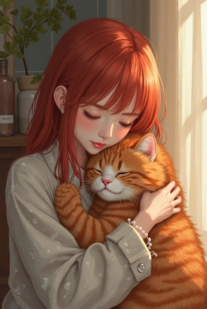 Asian-looking girl with bright red hair holds a red cat, home comfort realism 