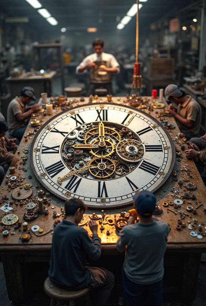 A large watch face, partially completed, lies in the center of the factory, with intricate Roman numerals and glowing clock hands.
	•	Gears, springs, and tiny screws are scattered across workbenches, being carefully positioned by the workers.
	•	Some worke...