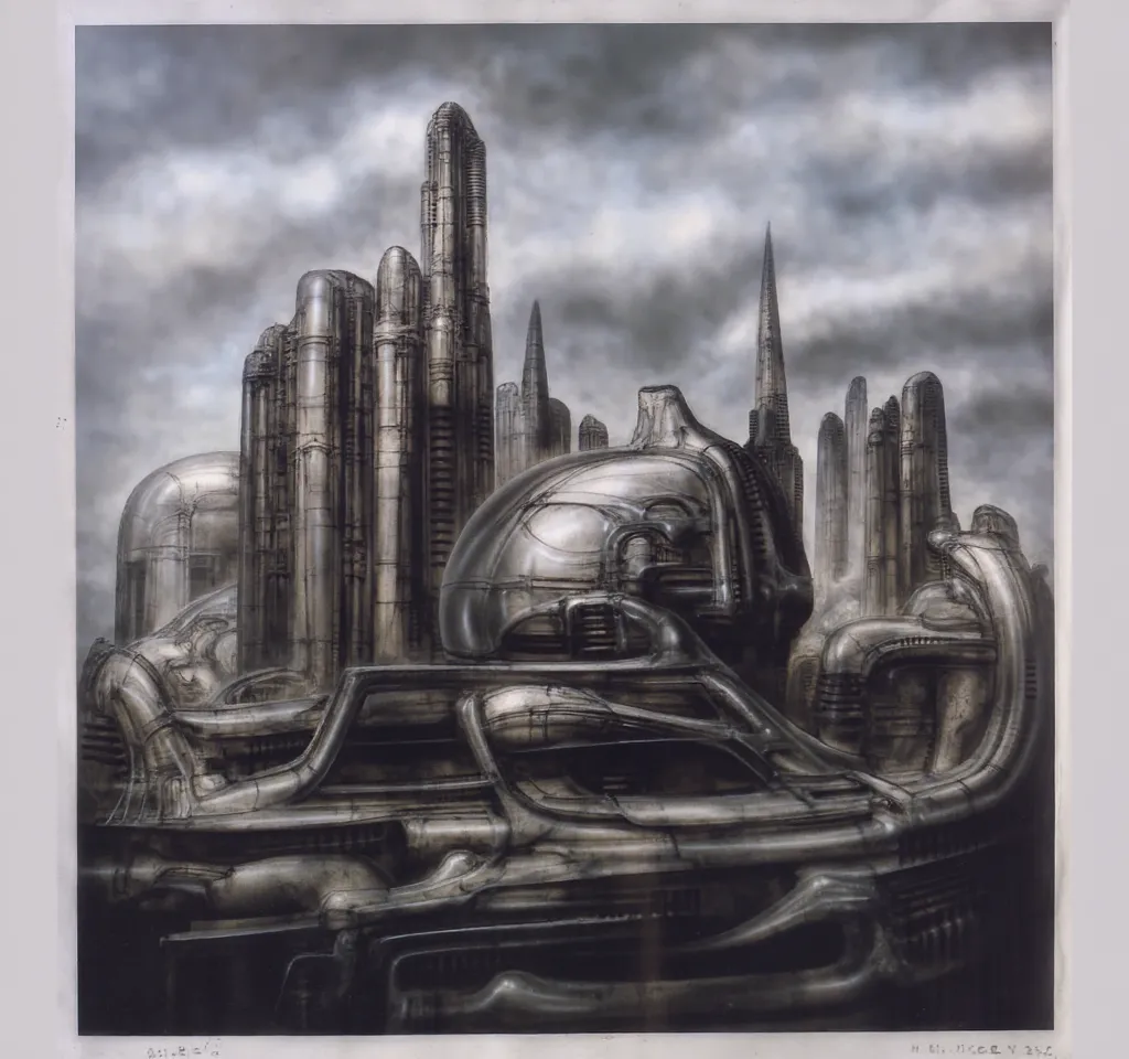 Please reproduce the original image as accurately as possible, capturing the intricate details of the biomechanical structures, the dramatic lighting, and the overall sense of unease. Find and enhance depiction of Giger's demons and creatures.(best quality...