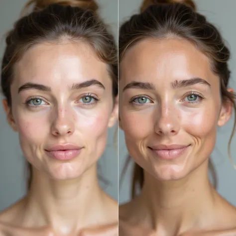 A side-by-side image showing two women: one with a clear, smooth, and flawless face, and the other with uneven skin texture and visible imperfections. The lighting should highlight the contrast between them, with a simple and unobtrusive background to keep...