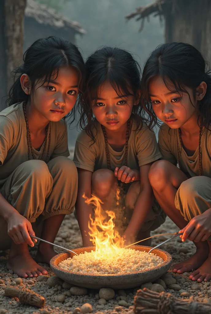 Three girls cooking rice in a poor fire