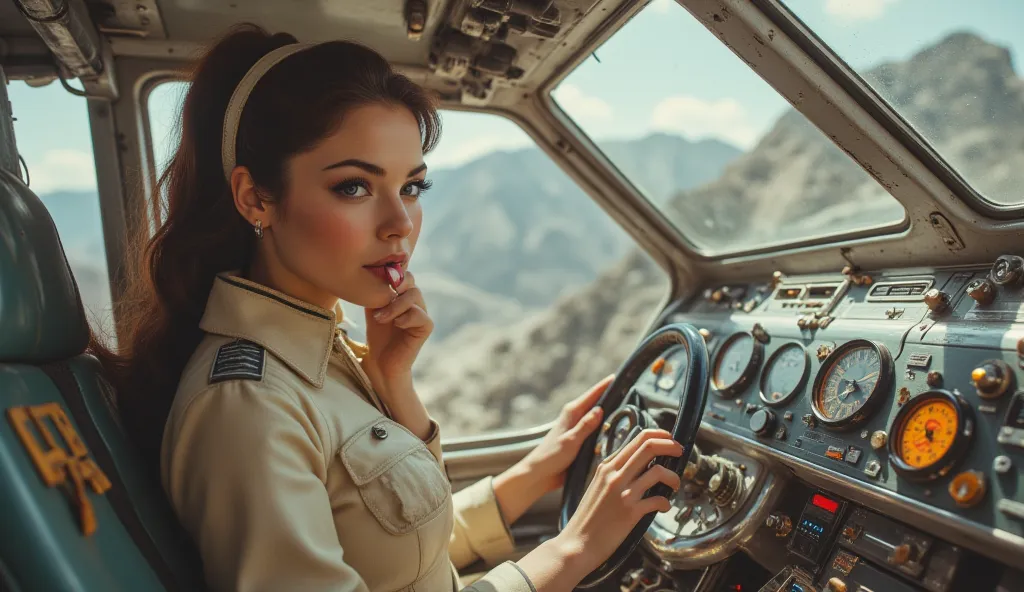 A beautiful female pilot inside the cockpit of a futuristic retro-style transport shuttle, designed to carry massive loads of mined ore. The ship’s polished metal reflects the industrial glow of the quarry below. Her high-tech yet vintage flight suit fits ...