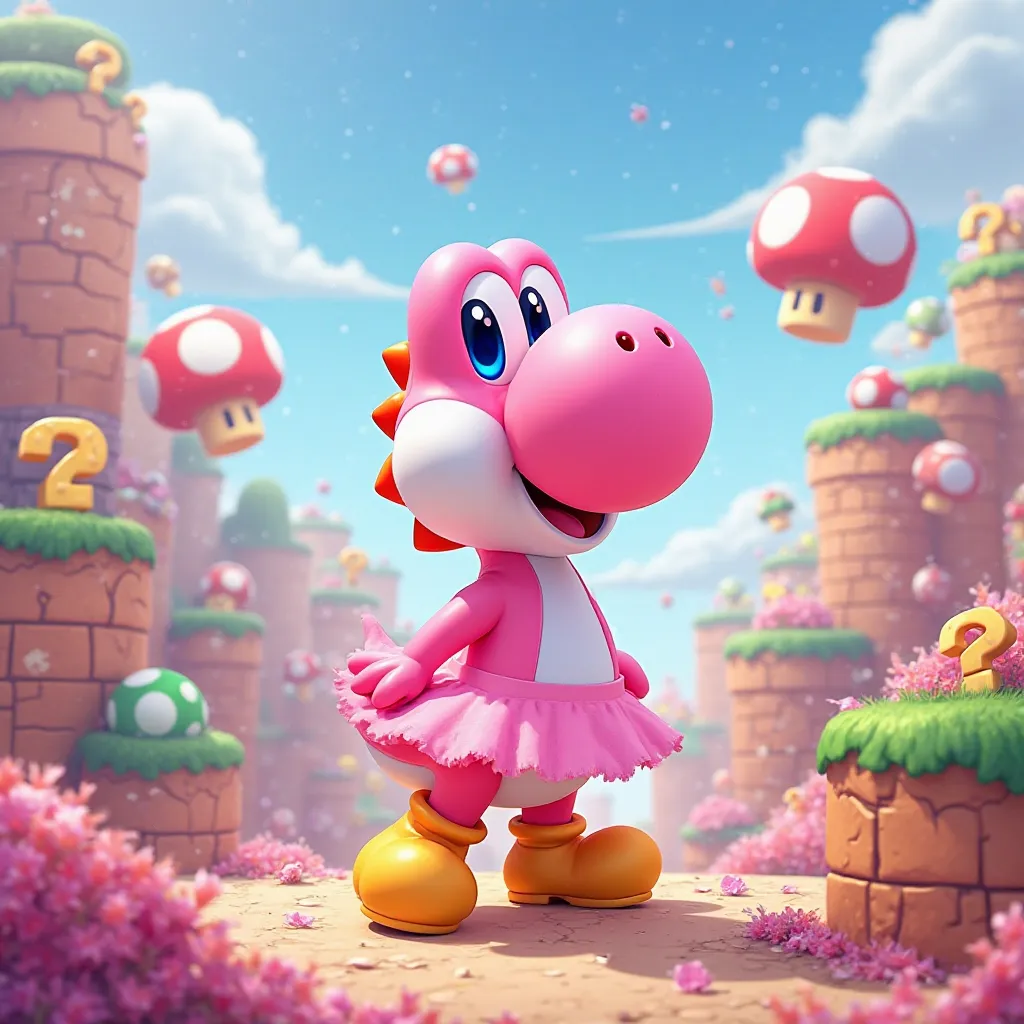 create a yoshi the pink colored body with the yellow colored boots, with pink dress in the world of mario bros