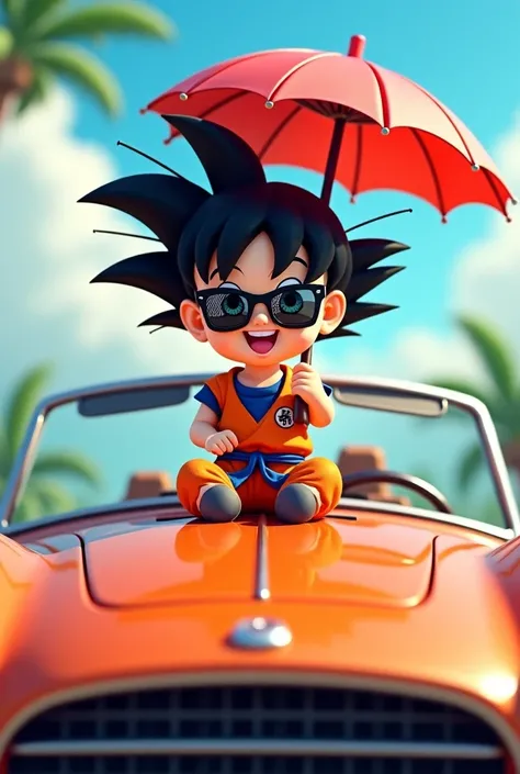 Little Son Goku smiling and wearing sunglasses sitting on the hood of a convertible car with an umbrella in his right hand 