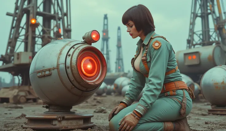 A retro-futuristic female rescue worker kneels beside a damaged mining bot, its sleek, round chrome body sparking slightly. She wears a stylish yet practical work uniform with high-tech gloves and a scanning visor. Behind her, towering drilling rigs contin...