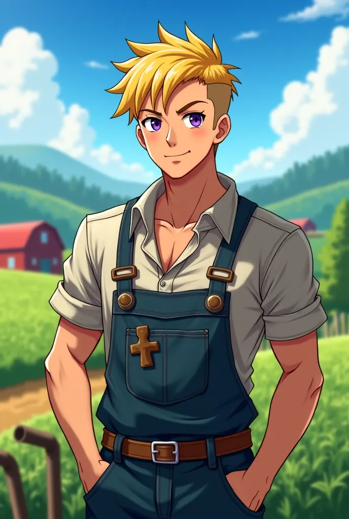 Anime, young, man, adult, blond hair, very short hair, farmer, purple eyes, masculine