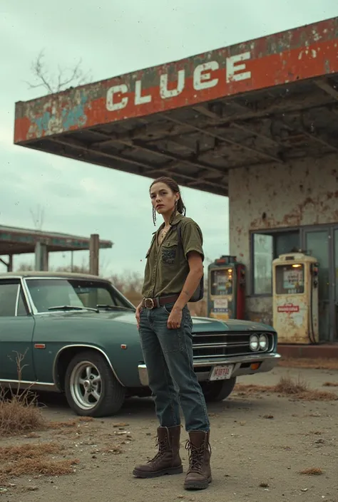 Can you take a picture of me where my car is parked at an abandoned gas station?