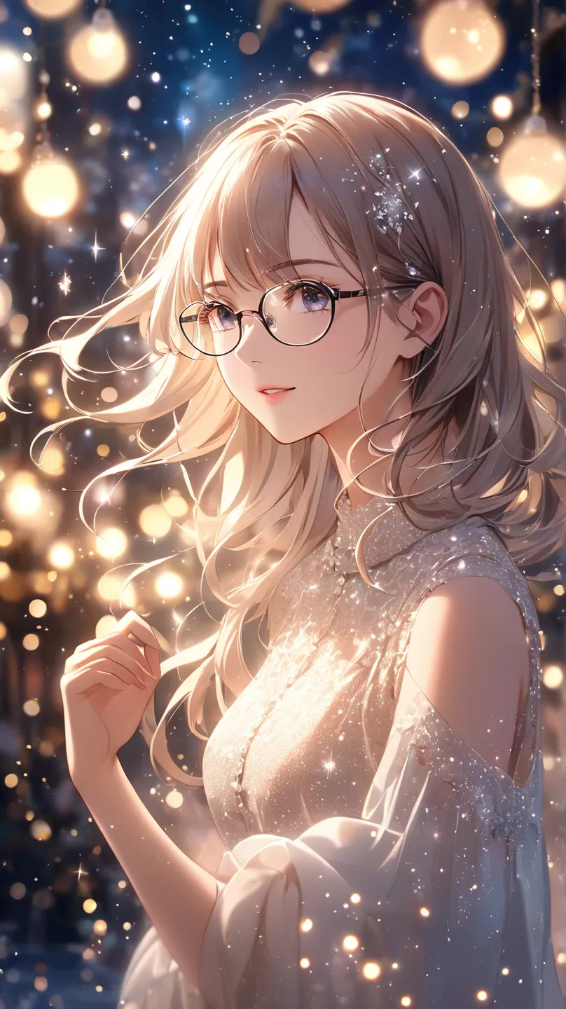 girls　Glasses　Transparency　sparkling dust particles and soft bokeh lights floating around