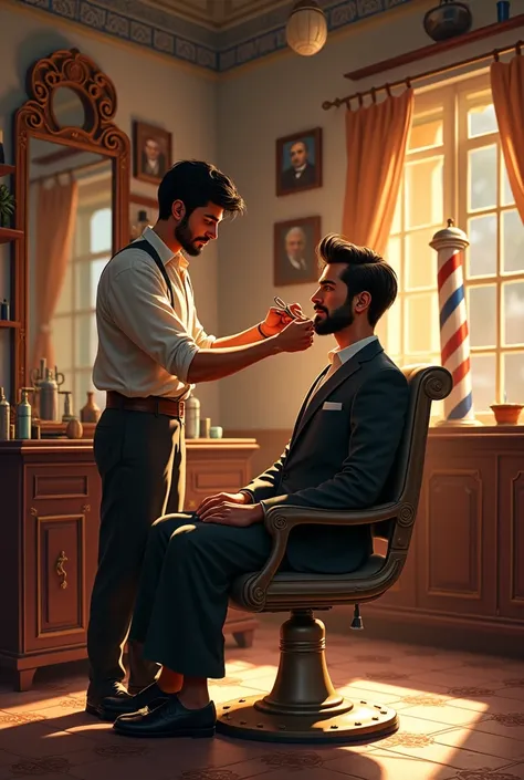 Create a picture of Aladdin the barber cutting a man's hair in the BarberShop!