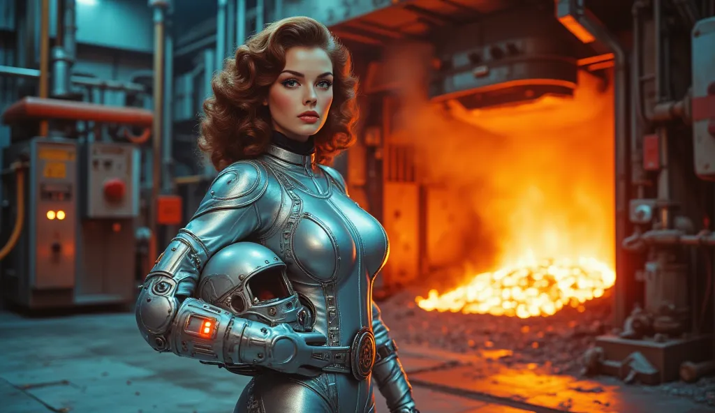 A fierce, elegant female engineer stands in a high-tech, retro-futuristic smelting facility, where molten ore glows bright orange behind her. She wears a futuristic protective suit with transparent panels revealing glowing energy circuits. Her helmet is tu...