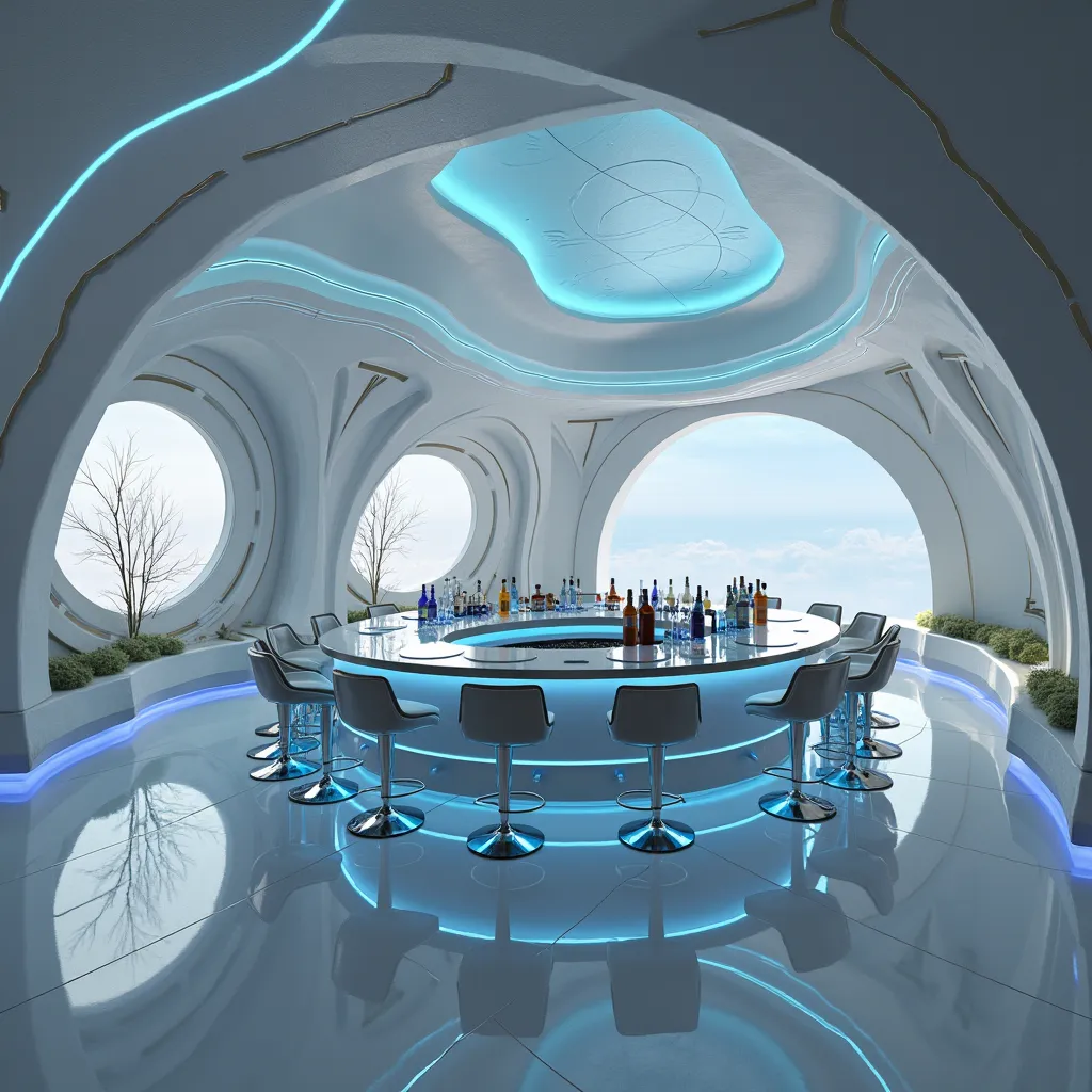 realistic photo, best quality, no humans, a futuristic, sci-fi-inspired bar with a sleek and immersive design. The interior features curved, organic shapes that blend seamlessly into the walls, ceiling, and bar counter, creating an almost spaceship-like at...