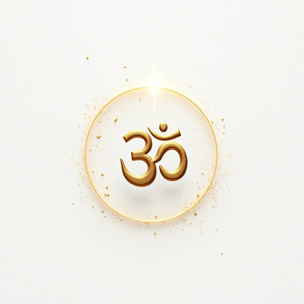 Create a minimalist yet striking digital artwork featuring the sacred OM symbol. The OM is rendered in a sleek, elegant form—its iconic curves and lines drawn with a single, continuous stroke of shimmering gold, glowing softly against a pristine, matte whi...