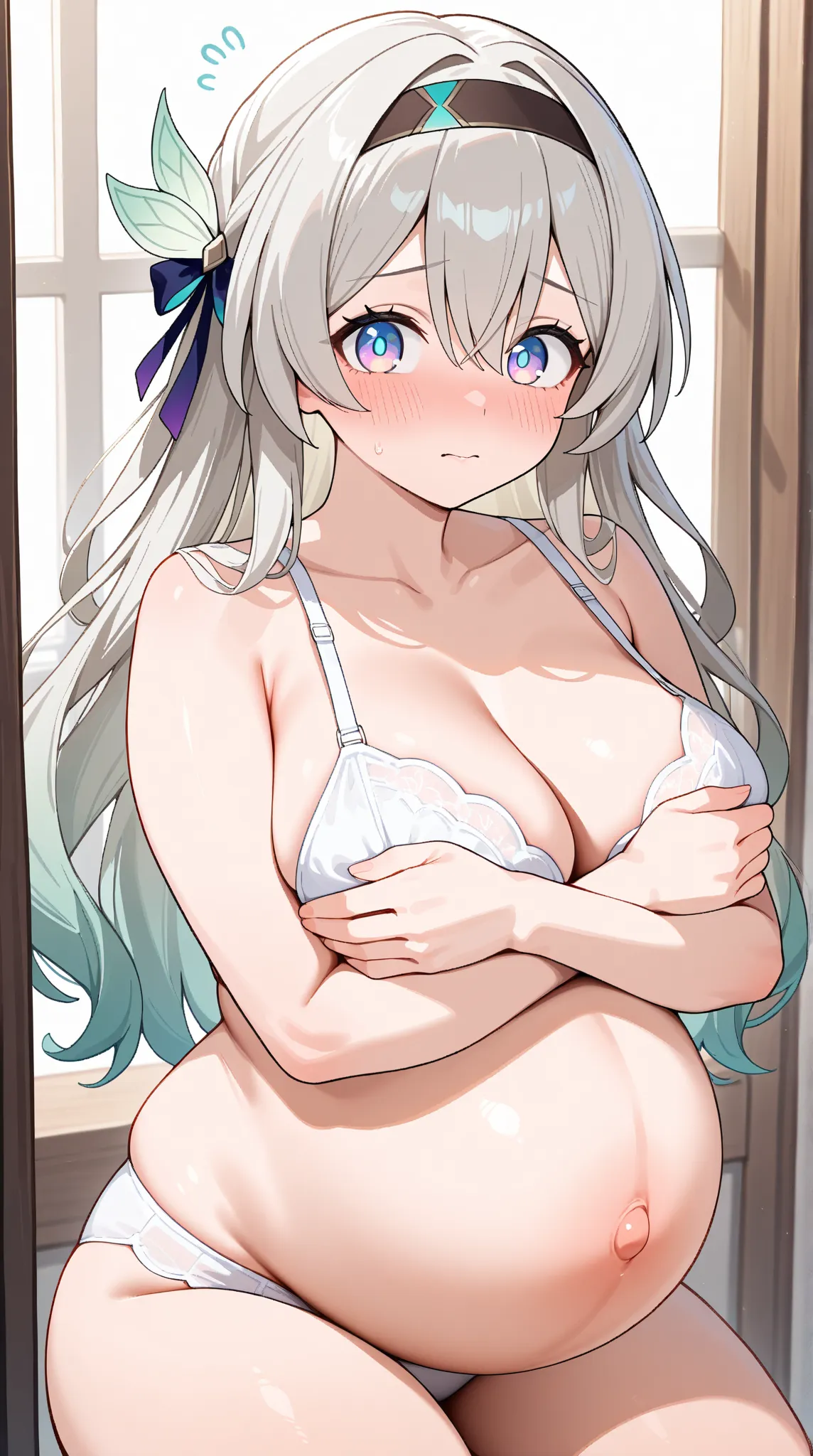  1 girl, solo, firefly (honkai: star rail), long hair,large breasts, looking at viewer, blush, blue eyes,thick thighs, hair between eyes, purple eyes, white bra,underwear only, grey hair, sidelocks, hair bow, cowboy shot,  black hairband, indoors, embarras...