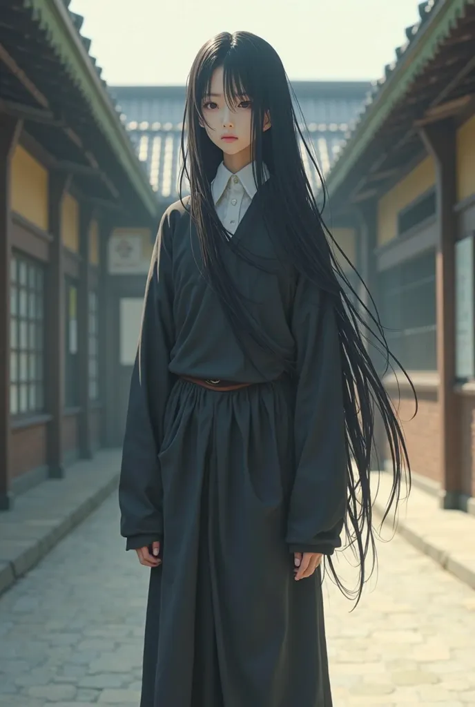 Live Action Tall Asian Tween Boy With Long Flowing Black Hair, Wearing a VERY Long Sleeved Baggy School Uniform