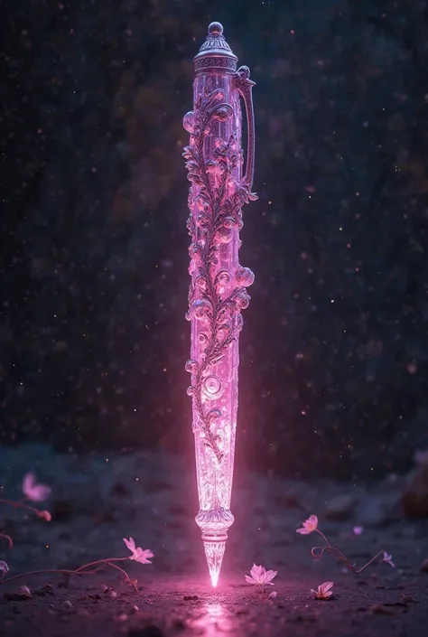 A pink crystal pen，Baroque Ornate Style，Slim body，Glows on its own even in the dark