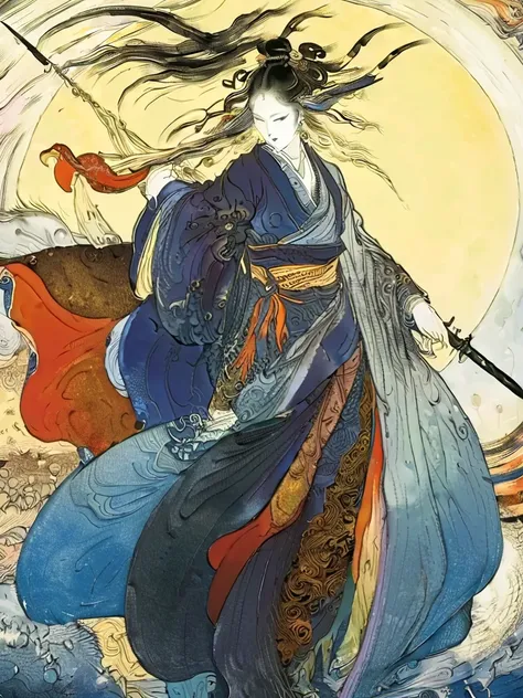  ukiyo-e、Hi-Res, Best Quality, high detail, high definition model, Ultra High Definition, long hair, Bata Tsuiwa、Japanese knife was created by Erunai、Daochukuhakama、Slaying Tatsu expression、Drawing the sword、