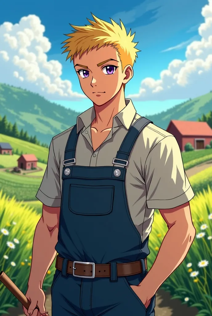 Anime, young, man, adult, blond hair, very short hair,  almost bald, farmer, purple eyes, masculine, no eyelashes