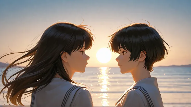 Two high school students, male and female, wearing school uniforms, seaside dark hair, eyesight profile