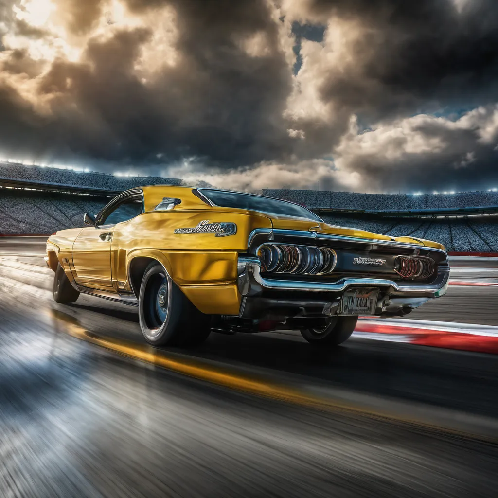 (Motion Blur:1.5), 1car, thrilling starting line drag race at the car race track, thunderclouds, dramatic detailed clouds, meticulously hyperdetailed fantasy photo with breathtaking intricate details, by WETA FX and industrial light and magic, intricate el...