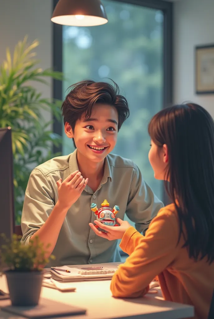 Help take a picture of a cute looking Asian guy, aged 18-20, teasing a friend with a toy at the office desk.