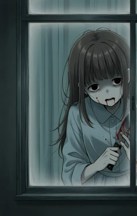 anime style,Alone,1 girl,menhera,Sick girl,Looking at the window from outside,room,holding a bloody knife in his hand, horror,face up