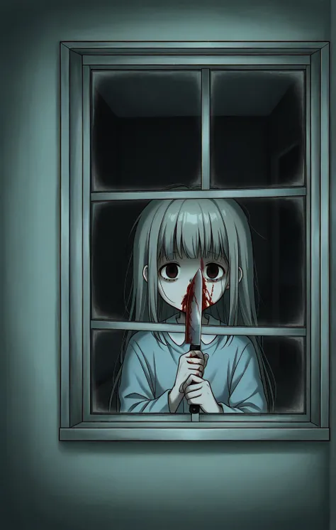 anime style,Alone,1 girl,menhera,Sick girl,Looking at the window from outside,room,holding a bloody knife in his hand, horror,face up