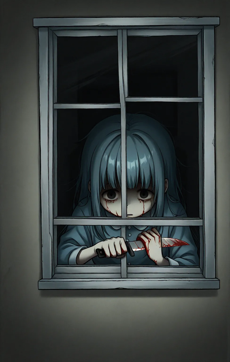 anime style,Alone,1 girl,menhera,Sick girl,Looking at the window from outside,room,holding a bloody knife in his hand, horror,face up