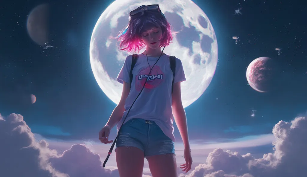 A realistic depiction of a woman in shorts and a small t-shirt with the inscription "Trance",  standing on the moon with a space background ,  stars and planets.  multicolor hair, goggles, headphones,  eyes closed,  eyes closed, Futurismus, glowing light ,...