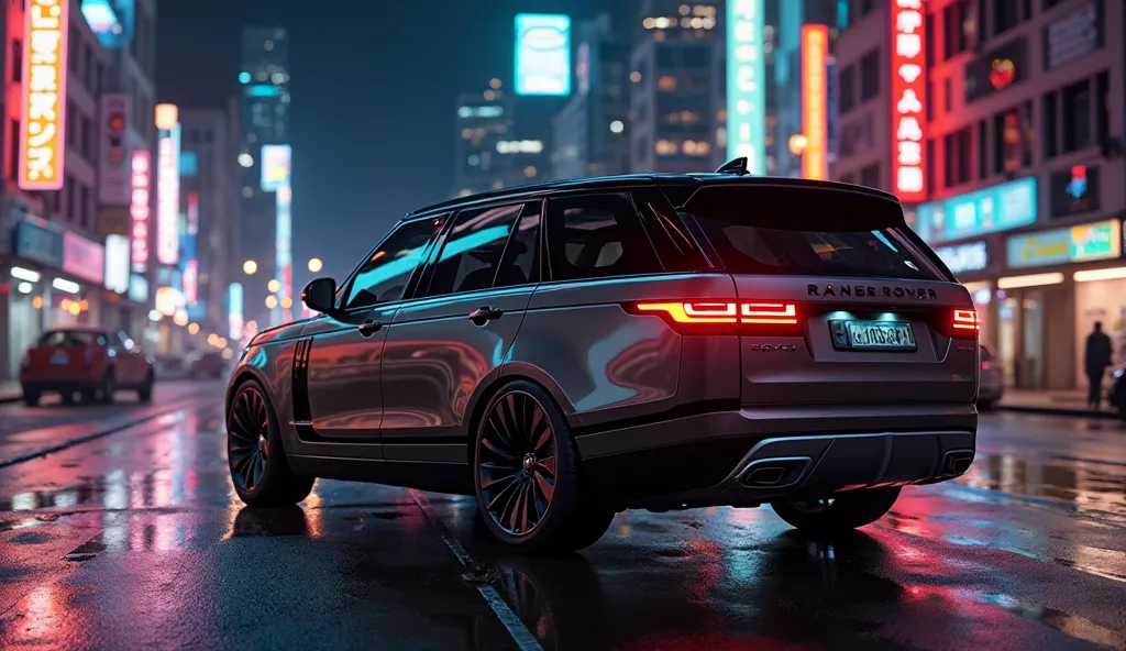 Ultra-realistic 4K cinematic render of the 2025 Range Rover from a three-quarter rear angle in an urban nighttime setting. The car is parked on a wet, reflective street lit by vibrant neon signs and skyscraper silhouettes in the distance. The dramatic ligh...