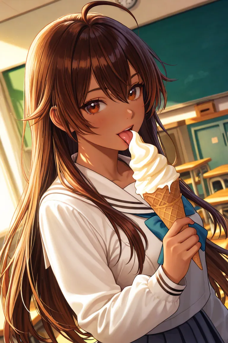 1 anime girl, full body, brown skinned, 20 years old, with long hair. Ahoge, (colorful md), tight school uniform, big breasts, lacy, is licking ice cream in class