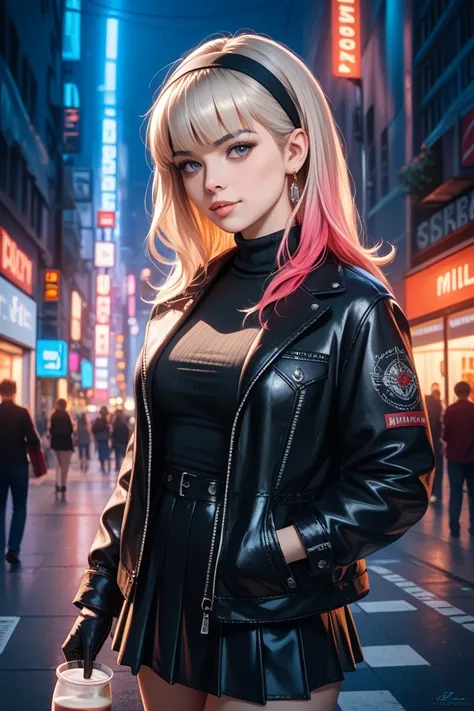 I want to make a woman。
hair color is milk tea, loose, fluffy, long hair
black turtleneck for wearing a black headband、black jacket black miniskirt、wear black leather gloves。