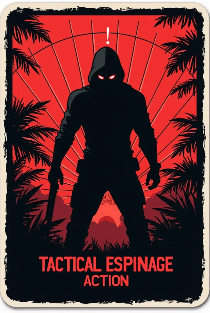 Stealth Action Silhouette**  
"Minimalist silhouette sticker of **Naked Snake** crawling through a jungle, **‘!’ alert** above his head. Red laser grid background, flat vector design with sharp angles. Text: ‘Tactical Espionage Action’ in retro 8-bit font....