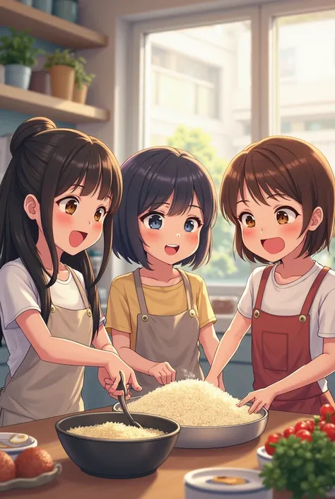 3 girls cooking rice together talking fun.        A chubby girl, a sick girl with blue bones, a girl who fits her.  Modern period 