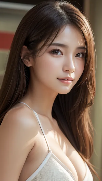 Close-up of face、
Huge 、Long brown hair、Shiny, Oily skin、Glowing Skin、Indoor competition pool、White skin、flying objects, Highest quality, Realistic, Very detailed, finely, High resolution, 8k wallpaper, One beautiful woman,, Light brown messy hair, Wear a ...