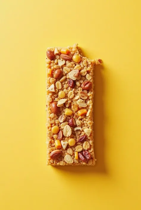 Product photography, a fiber bar with a bite on a light yellow background, solid color background, no other elements, no shadows, studio lighting, overhead, ultra HD ingredients is pumpkin and carrot pure mix with oats with honey and adding mix nuts（basica...