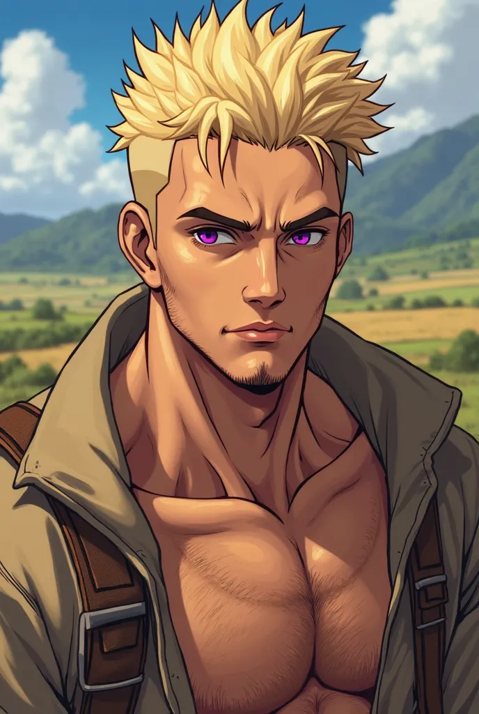 Anime, young, man, adult, blond hair, very short hair,  almost bald, farmer, purple eyes, masculine, no eyelashes