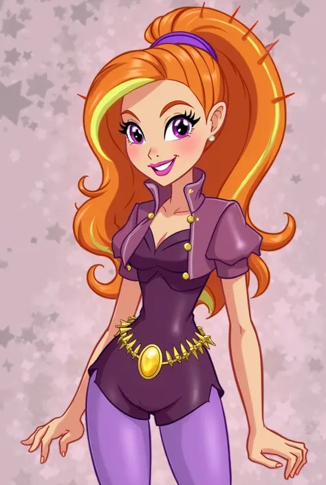 Adagio Dazzle from Equestria Girls She has bright raspberry eyes, long bright orange hair with bright yellow highlights wrapped in a thick ponytail tied with a spiky purple elastic, she wears a mauve purple mini bolero with small puffs at the shoulders ove...