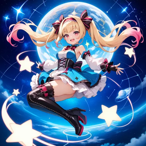 Galaxy Alice,ginga alice, 1girl ,Alone,loli,smile,:d,blush,looking at viewer,virtual youtuber,full body,multicolored hair,thighhighs,boots,thigh boots,open mouth,long hair,blonde hair,looking at viewer,dress,blue hair,full body,breasts,bangs,gradient hair,...