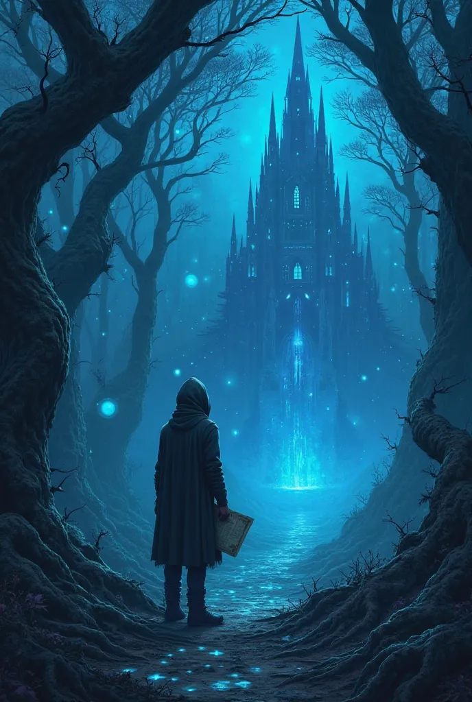 
"A lone traveler stands at the edge of an ancient, glowing forest, bathed in the eerie blue light of floating orbs. The trees twist unnaturally, their roots forming strange symbols on the ground. In the distance, a towering castle of crystal rises into th...