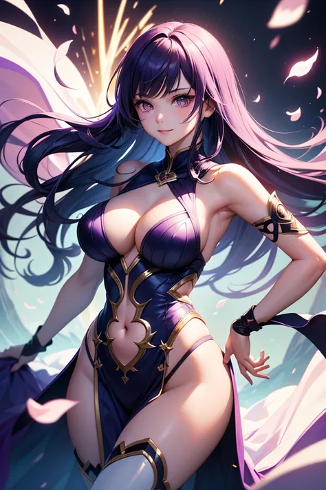 (masterpiece, best quality),
1girl, original character, 
the daughter of Raiden Mei and Elysia from Honkai Impact 3rd,
face resembling Raiden Mei (sharp but elegant features, purple eyes),
long pinkish-purple hair with slight ombre or highlights, 
curvy an...