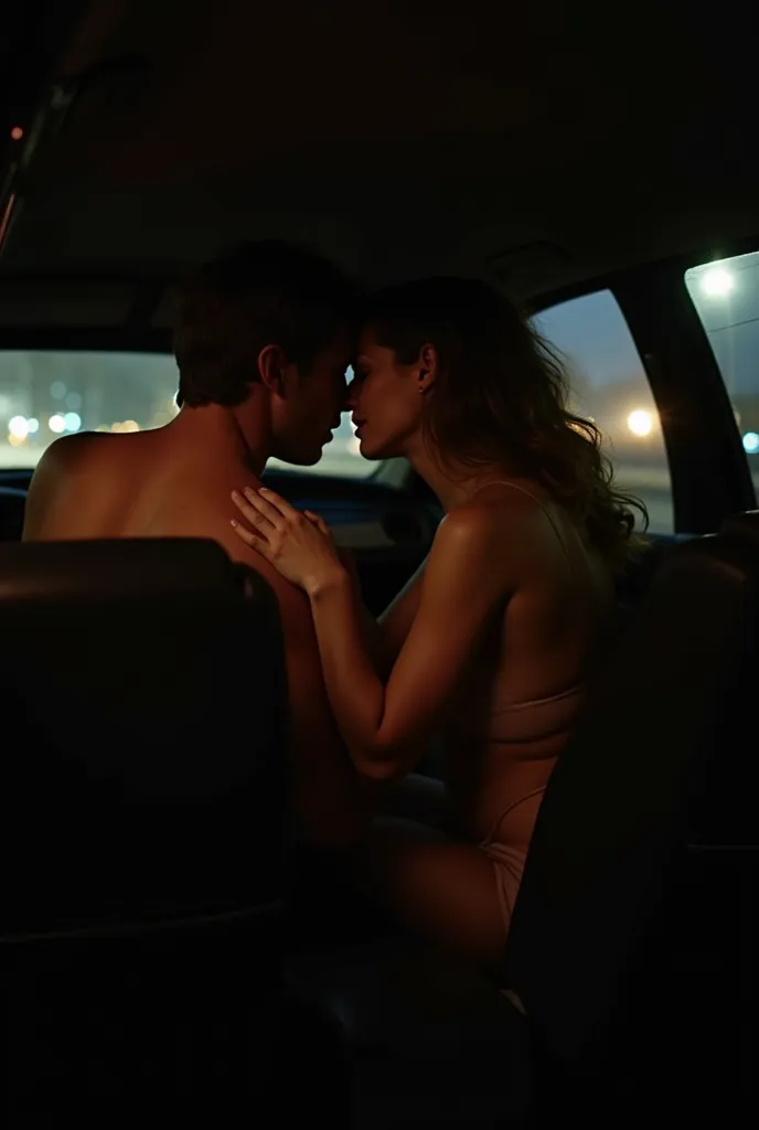 "A dimly lit, intimate scene inside a car at night. A man and a woman are in the backseat, partially undressed, embracing each other passionately. Soft light from the street lamps outside illuminates perfectly the car inside and their bodies, creating a wa...