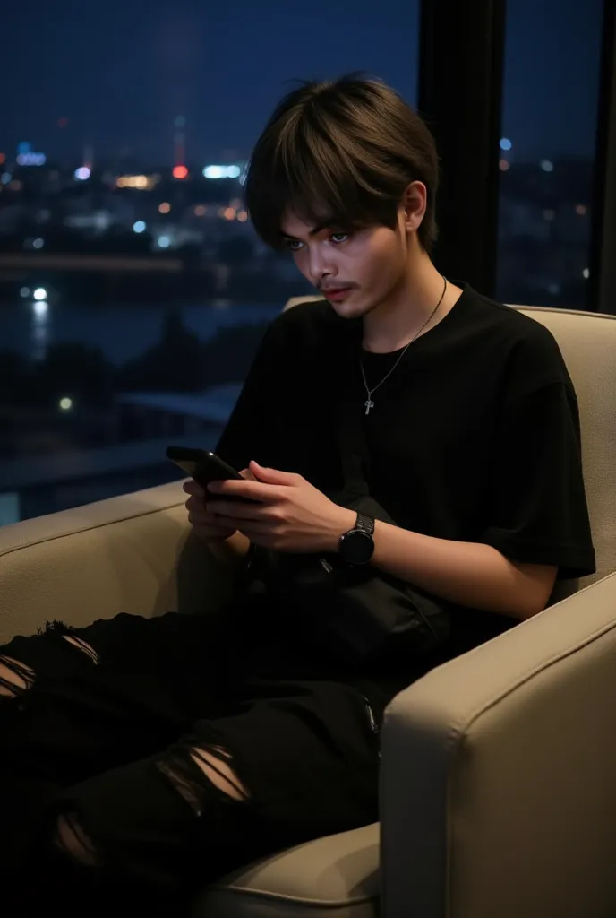 A young, likely age, East Asian male is seated in a light beige armchair, positioned slightly off-center to the right of the frame. He is looking down at a smartphone, held in his right hand. His expression is neutral or slightly pensive. He has short, bro...