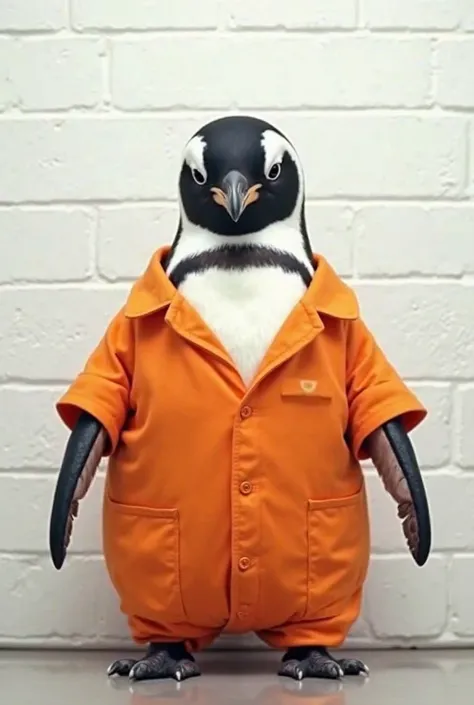 penguin doing a mugshot in orange prison clothes