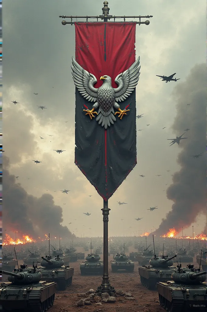 *"Create a powerful and imposing war flag standing tall in the middle of a massive battlefield. The flag should be a vertically tall rectangle with narrow width and increased height. The bottom of the flag features a sharp arrow-shaped cutout, forming a po...